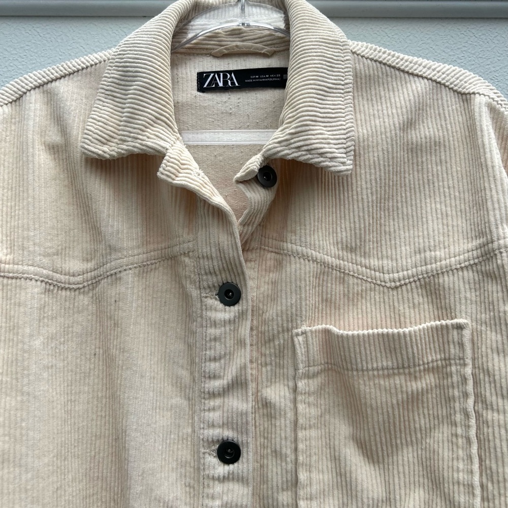 Zara Corduroy Shacket Cream Ivory Raw Hem Shirt Jacket Women M Casual Layer - Picture 10 of 14